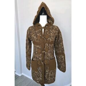 Vintage Boho Crocheted Hooded Sweater Cardigan Grandma Square Handmade Sz M/L